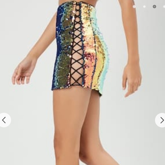 Forever 21 Dresses & Skirts - Forever 21 royal gold sequin side criss cross black laces mini skirt Med.